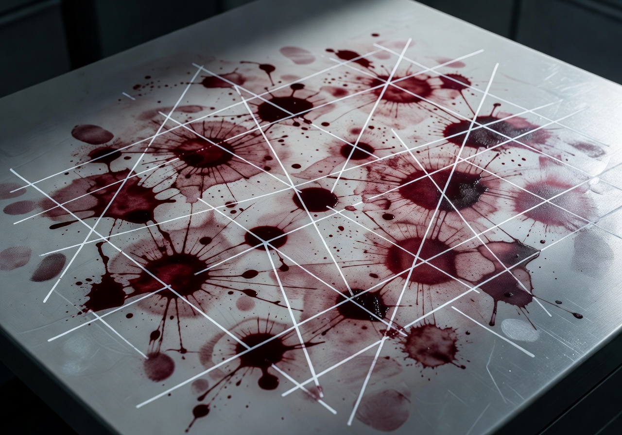Abstract dark red evidence pattern resembling crime scene analysis