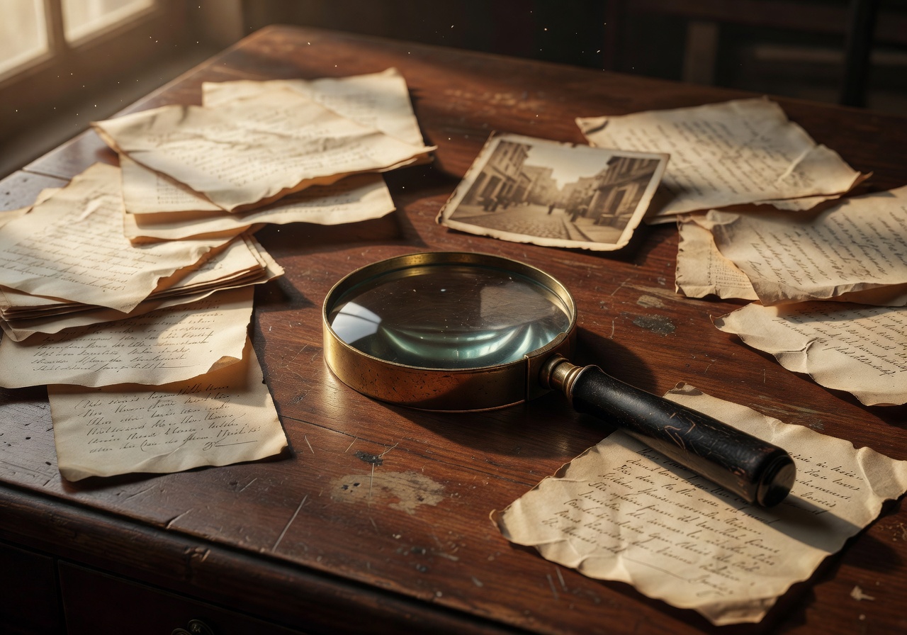 Dark magnifying glass on vintage desk with scattered papers