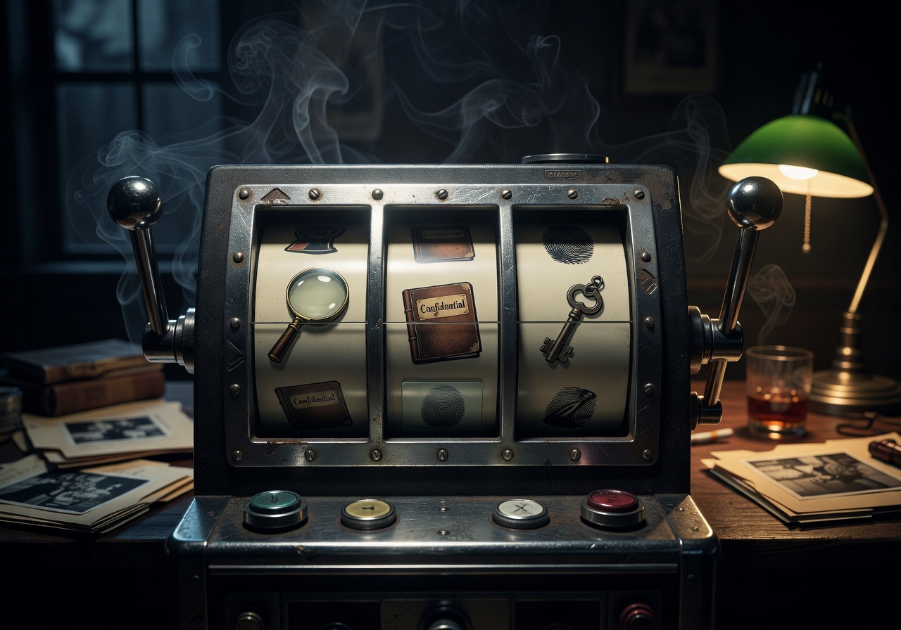 Detective slot game interface showing noir-themed slot reels with magnifying glass and evidence symbols