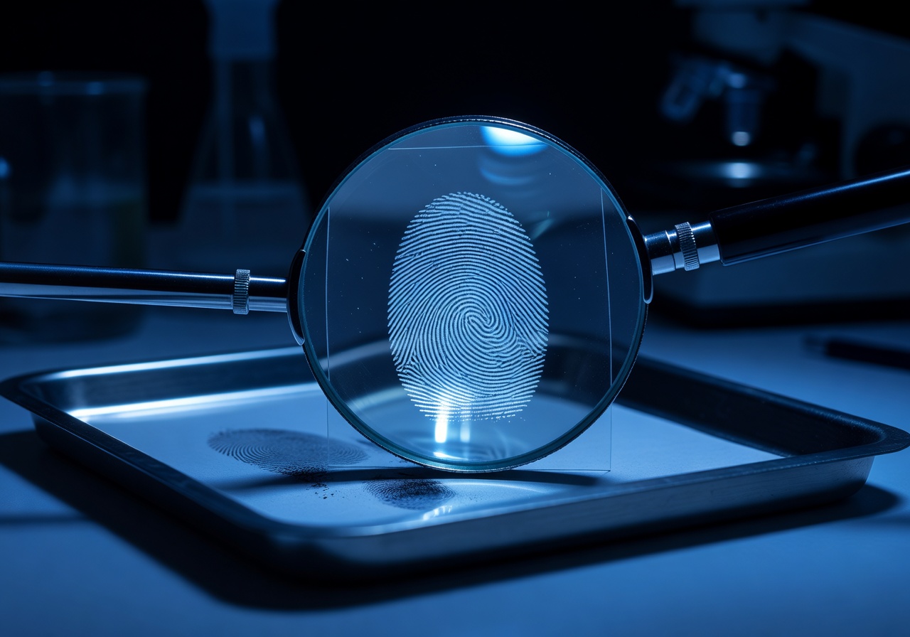 Mysterious fingerprint analysis under dark blue forensic lighting