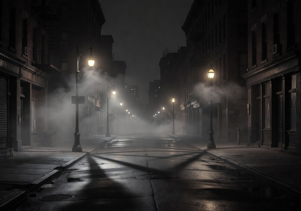 Noir city street at night with atmospheric fog and street lights